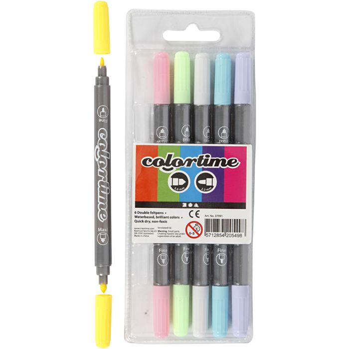 Rotuladores Dobles Colortime, trazo ancho 2,3+3,6 mm, colores pastel, 6 ud/ 1 paquete