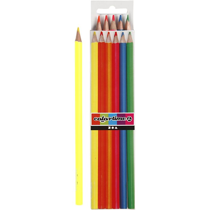 Lápices de Colores Colortime, L. 17,45 cm, mina 3 mm, colores neón, 6 ud/ 1 paquete
