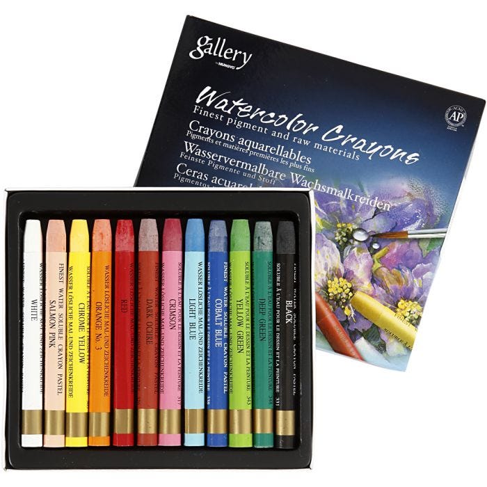 Crayones de acuarela, L. 9,3 cm, surtido de colores, 12 ud/ 1 paquete