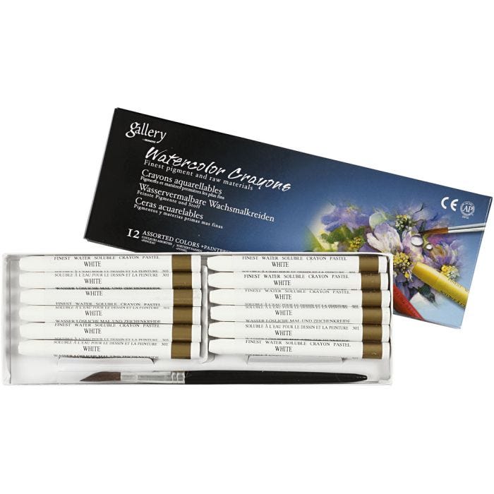 Crayones de acuarela, L. 9,3 cm, grosor 8 mm, blanco (301), 12 ud/ 1 paquete