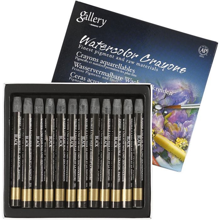 Crayones de acuarela, L. 9,3 cm, grosor 8 mm, negro (331), 12 ud/ 1 paquete