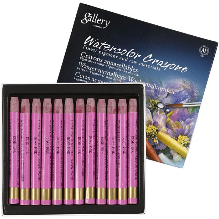 Crayones de acuarela, L. 9,3 cm, grosor 8 mm, rosa fresco (316), 12 ud/ 1 paquete