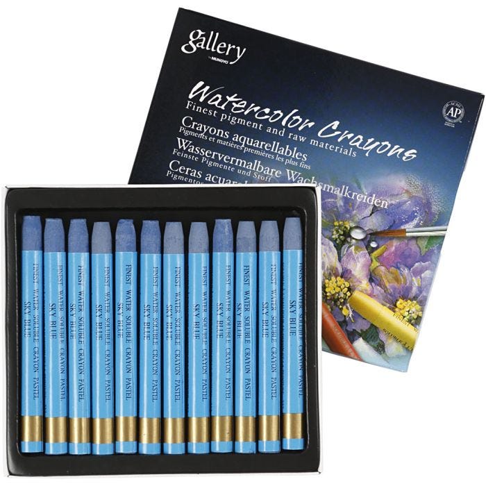 Crayones de acuarela, L. 9,3 cm, grosor 8 mm, azul cielo, 12 ud/ 1 paquete