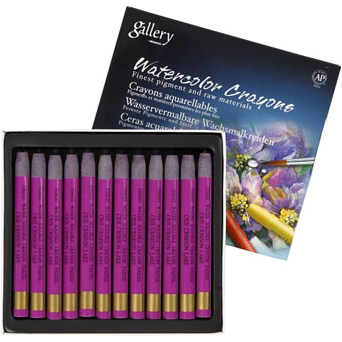 Crayones de acuarela, L. 9,3 cm, grosor 8 mm, rojo carmesí oscuro, 12 ud/ 1 paquete