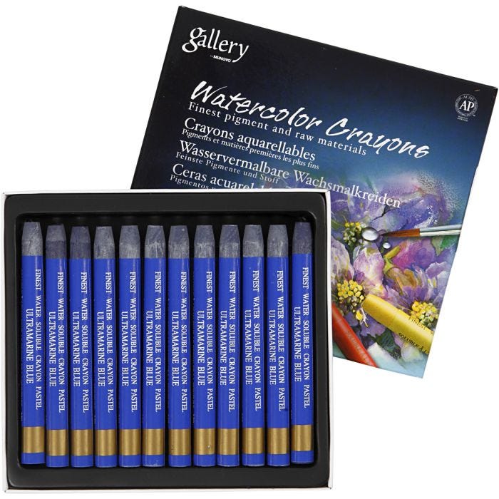 Crayones de acuarela, L. 9,3 cm, grosor 8 mm, azul ultramarino , 12 ud/ 1 paquete