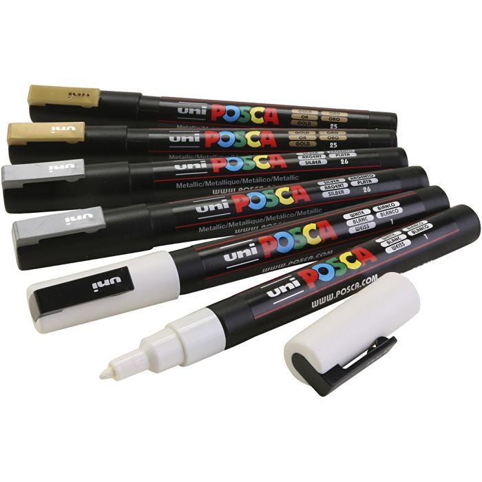 Rotulador Posca , medida PC-3M, trazo ancho 0,9-1,3 mm, dorado, plata, blanco, 6 stdas/ 1 paquete