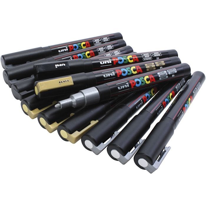 Rotulador Posca , medida PC-3M, trazo ancho 0,9-1,3 mm, negro, dorado, plata, 12 stdas/ 1 paquete