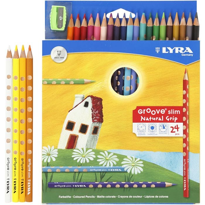 Lápices de colores con surco delgados, L. 18 cm, mina 3,3 mm, surtido de colores, 24 ud/ 1 paquete