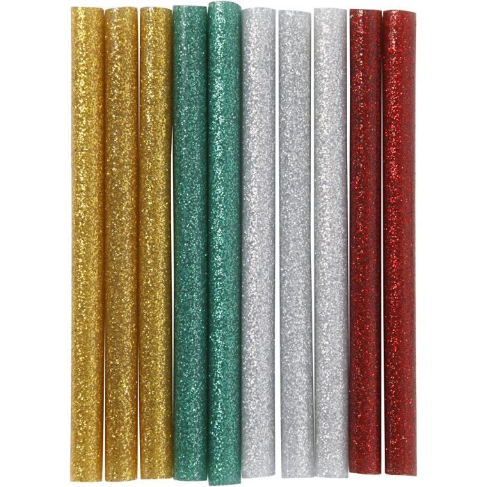 Barras de pegamento Mini, L. 10 cm, dia 7 mm, purpurina, dorado, verde, rojo, plata, 10 ud/ 1 paquete