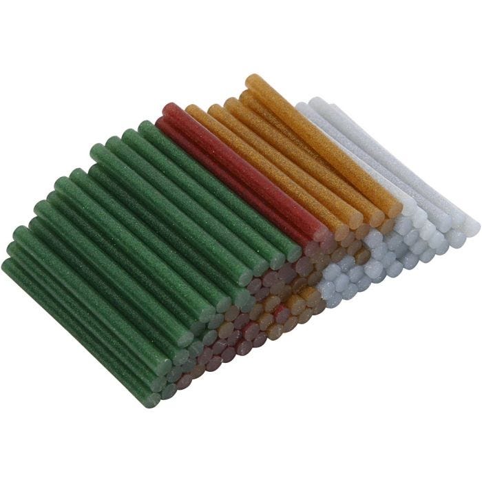 Barras de pegamento Mini, L. 10 cm, dia 7 mm, purpurina, dorado, verde, rojo, plata, 100 ud/ 1 paquete