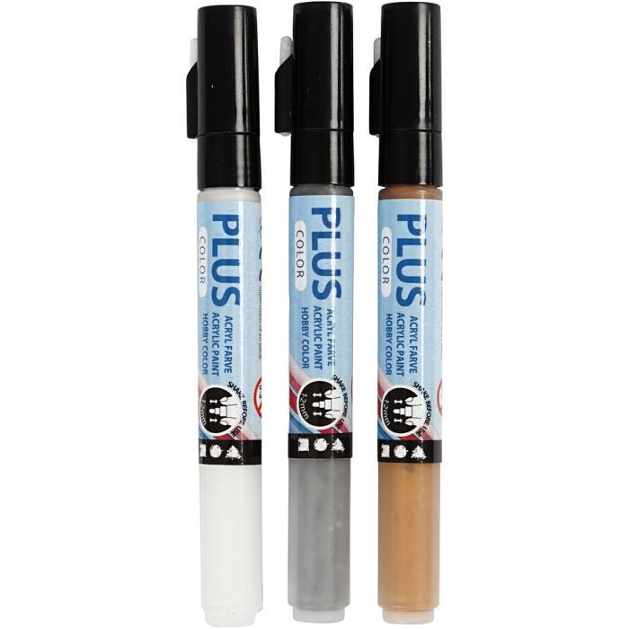 Surtido rotuladores Plus Color , L. 14,5 cm, trazo ancho 1-2 mm, dorado, plata, blanquecino, 5,5 ml, 3 ud/ 1 paquete