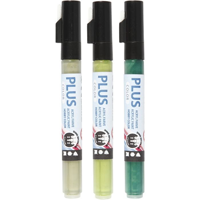 Surtido rotuladores Plus Color , L. 14,5 cm, trazo ancho 1-2 mm, verde oscuro, eucalipto, verde hoja, 5,5 ml, 3 ud/ 1 paquete