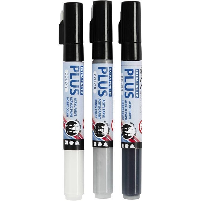 Surtido rotuladores Plus Color , L. 14,5 cm, trazo ancho 0,7 mm, negro, blanquecino, gris lluvia, 5,5 ml, 3 ud/ 1 paquete