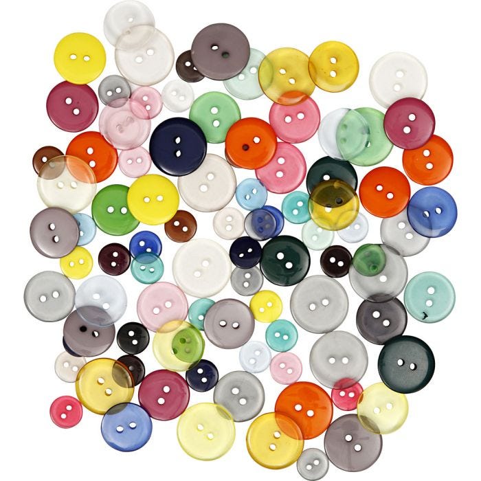 Botones , dia 12+18+20 mm, surtido de colores, 50 gr, 100 ud/ 1 paquete