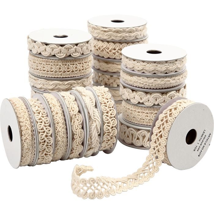 Cinta decorada, A: 6-18 mm, crema, 56x0.90 m/ 1 paquete