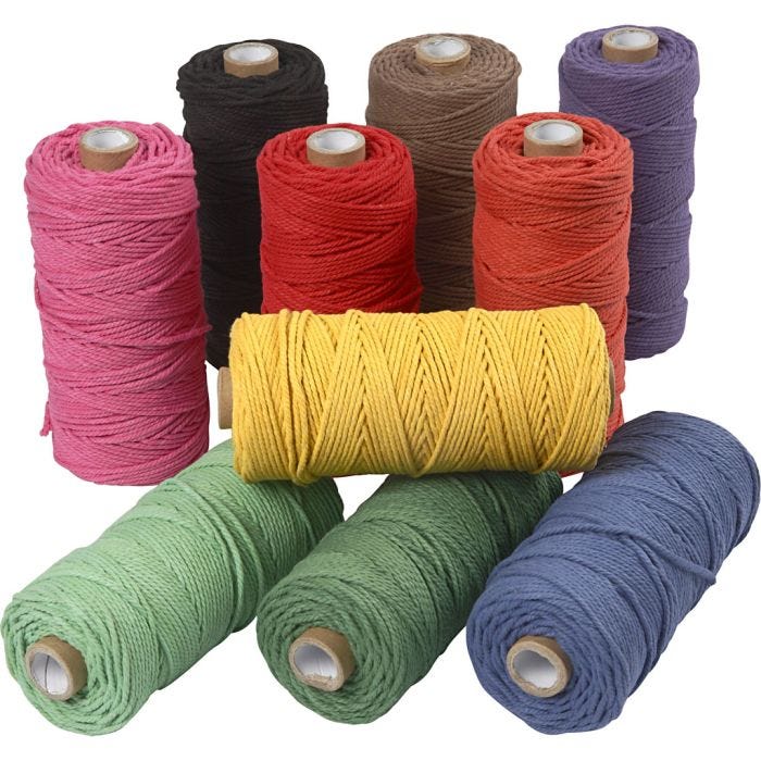 Cuerda de macramé, L. 100 M, grosor 2 mm, Calidad gruesa 12/36, colores fuertes, 10x225 gr/ 1 paquete