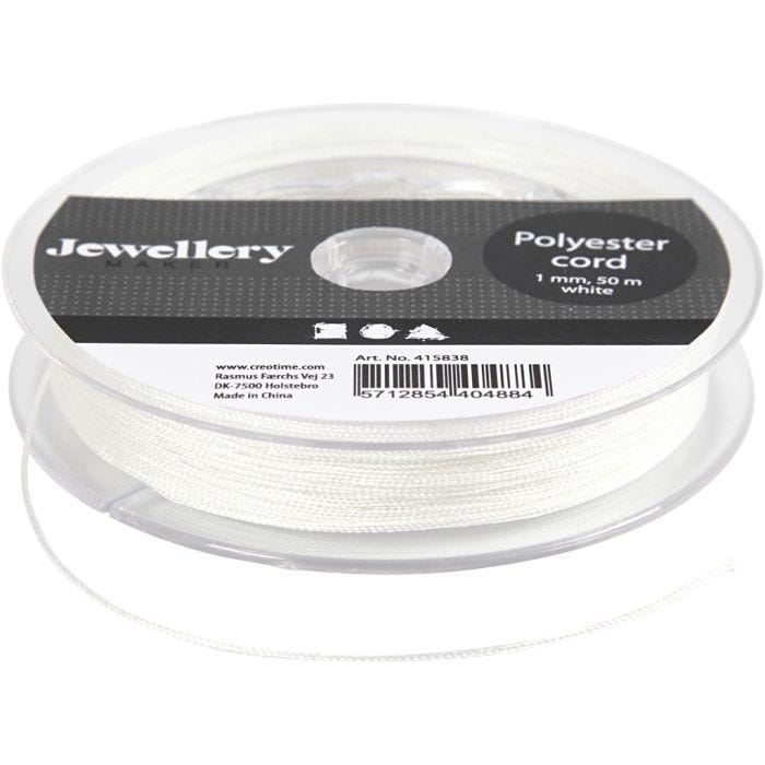 Cordón de poliéster, grosor 1 mm, blanco, 50 m/ 1 rollo