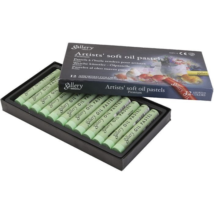Pasteles al óleo, L. 7 cm, dia 11 mm, grosor 11 mm, verde claro, 12 ud/ 1 paquete