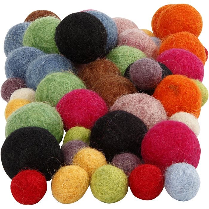 Bolitas de fieltro, dia 10+20 mm, surtido de colores, 52 ud/ 1 paquete