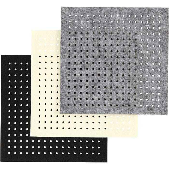 Fieltro para manualidades con agujeros, medidas 20x20 cm, grosor 3 mm, negro, gris, blanquecino, 3x4 hoja/ 1 paquete