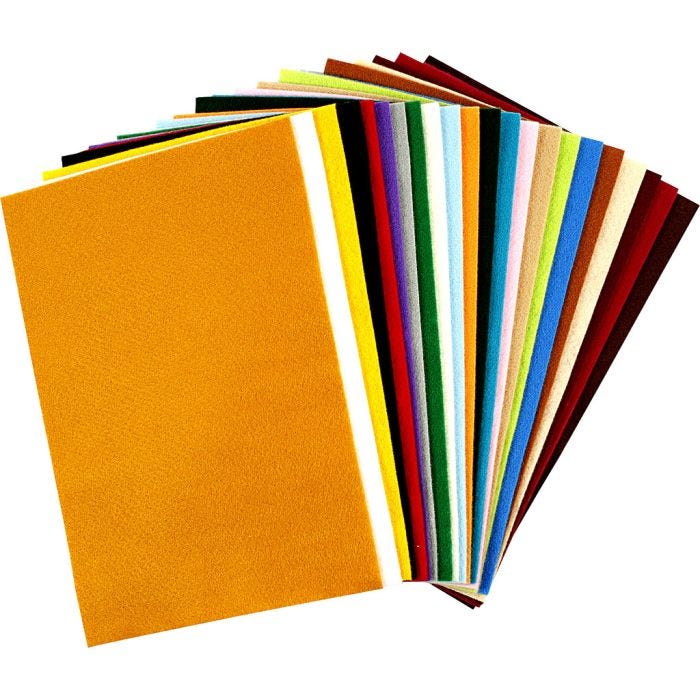 Fieltro para manualidades, hoja 20x30 cm, grosor 1,5 mm, 180-200 gr, surtido de colores, 24 hojas stdas/ 1 paquete
