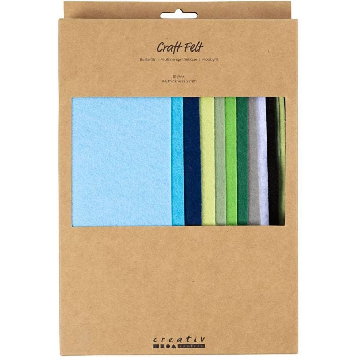Fieltro para manualidades, A4, hoja 210x297 mm, grosor 2 mm, azul/gris harmonía, 10 ud/ 1 paquete