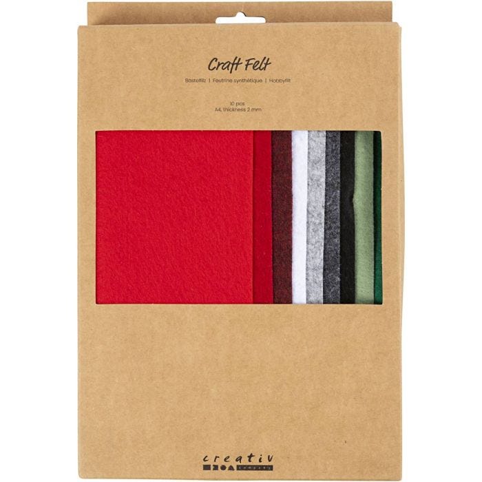 Fieltro para manualidades, A4, hoja 210x297 mm, grosor 2 mm, colores navideños, 10 ud/ 1 paquete