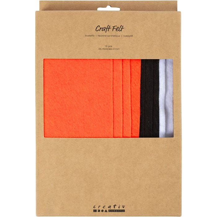 Fieltro para manualidades, A4, hoja 210x297 mm, grosor 2 mm, colores, 10 ud/ 1 paquete