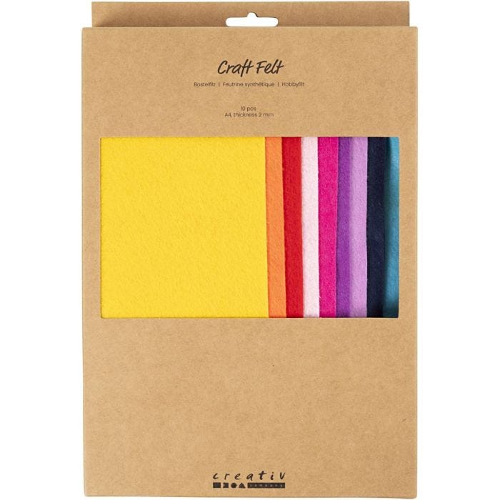 Fieltro para manualidades, A4, hoja 210x297 mm, grosor 2 mm, conjunto de colores, 10 ud/ 1 paquete