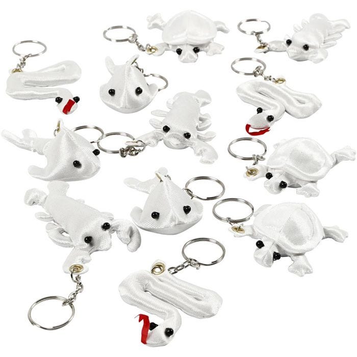 Figuras de tela con llavero, medidas 4-8 cm, blanco, 4x3 ud/ 1 paquete