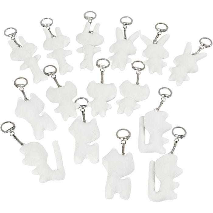 Figuras de tela con llavero, medidas 6-10 cm, blanco, 15 ud/ 1 paquete