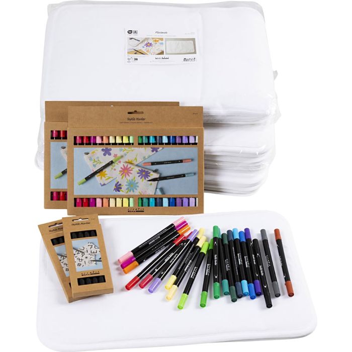 Kit de manualidades grupo pinta tus propios mantelitos, medidas 30x45 cm, trazo ancho 2,3+3,6 mm, surtido de colores, 30 ud/ 1 paquete