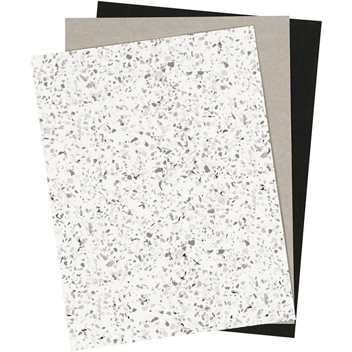 Papel imitación cuero, hoja 21x27,5+21x28,5+21x29,5 cm, grosor 0,55 mm, una cara de color,detalle metalizado,impresa, 3 hoja/ 1 paquete