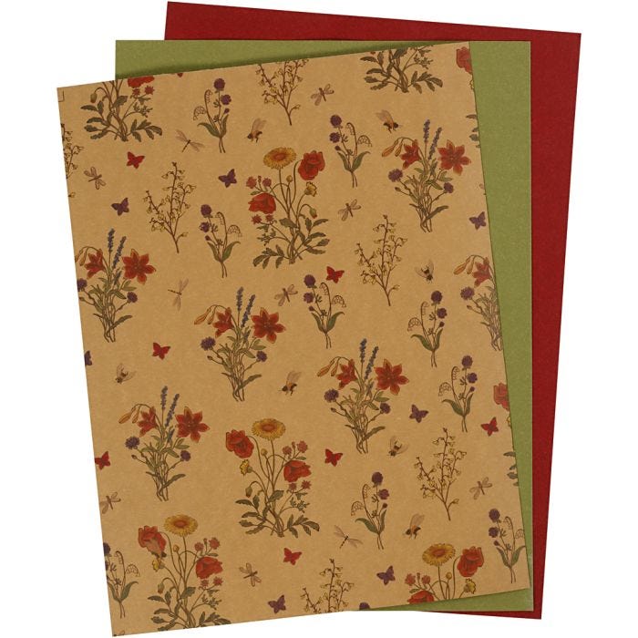 Papel imitación cuero, hoja 21x27,5+21x28,5+21x29,5 cm, grosor 0,55 mm, una cara de color,impresa, natural, verde, rojo, 3 hoja/ 1 paquete