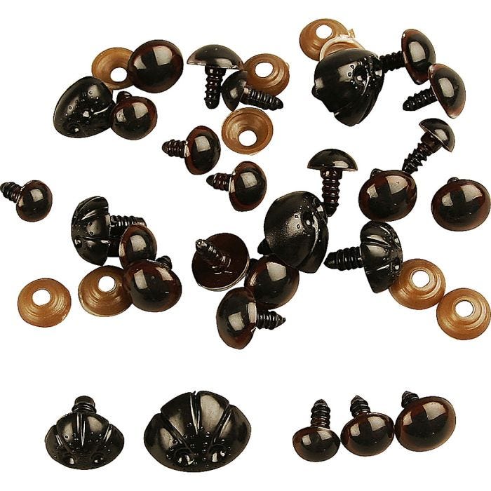 Hocicos y ojos de oso de peluche, dia 10+12,5+15 mm, medidas 15+25 mm, 12 stdas/ 1 paquete