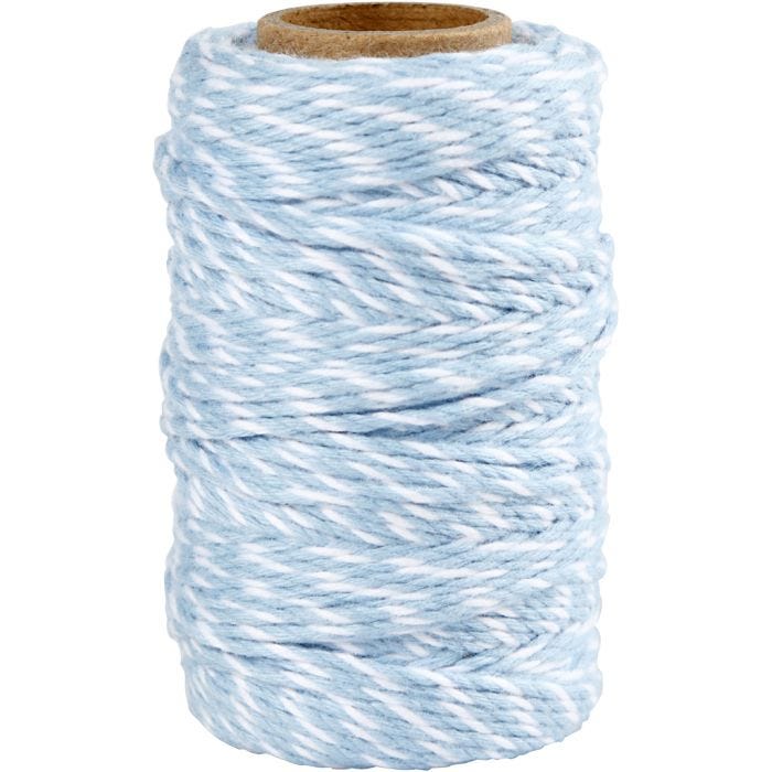 Cordón de algodón, grosor 1,1 mm, blanco/azul claro, 50 m/ 1 rollo