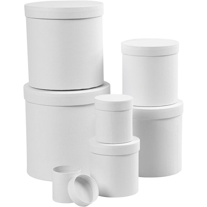Cajas redondas, redondas, A: 7,5+10,2 +12,7+15,2 +17,7+20,2 +22,7 cm, dia 7+9 +12+14,5 +17+19,5 +22 cm, blanco, 7 ud/ 1 set