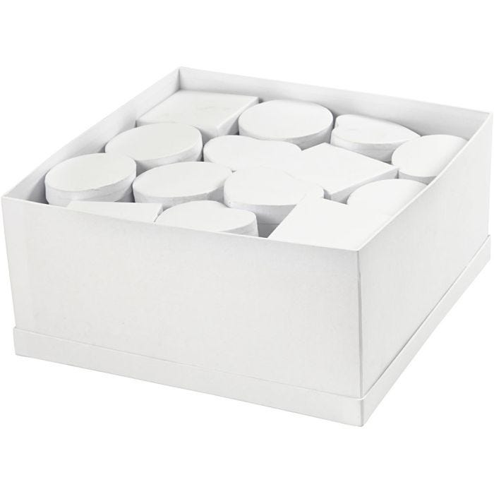 Cajas en expositor, A: 5 cm, dia 10-12 cm, blanco, 27 ud/ 1 paquete