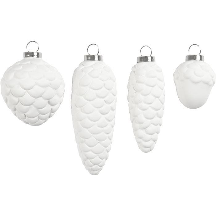 Decoraciones colgantes, A: 3,5+5+6,6+8,5 cm, dia 2,5+3+4,5 cm, blanco, 4 ud/ 1 paquete