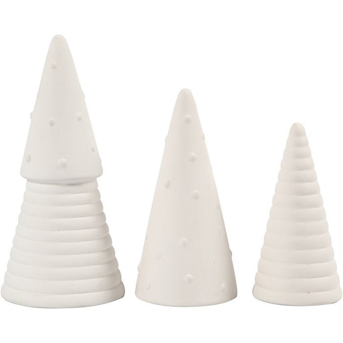 Árboles de Navidad colgantes, A: 10+12+15 cm, dia 5+6+7 cm, blanco, 3 ud/ 1 paquete