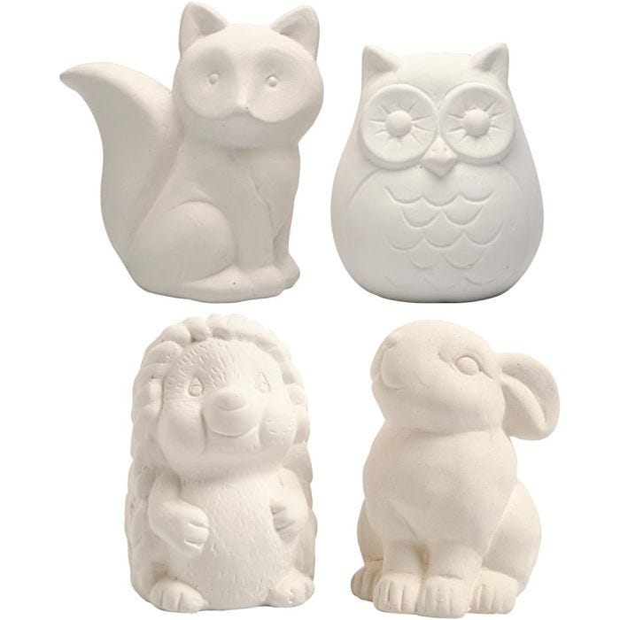 Hucha animal, Búho, zorro, erizo, liebre, A: 9-10 cm, blanco, 4 ud/ 1 paquete