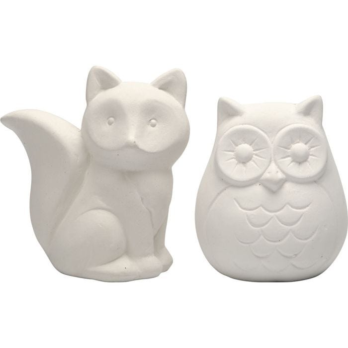 Hucha animal, búho y zorro, A: 9 cm, blanco, 2 ud/ 1 paquete