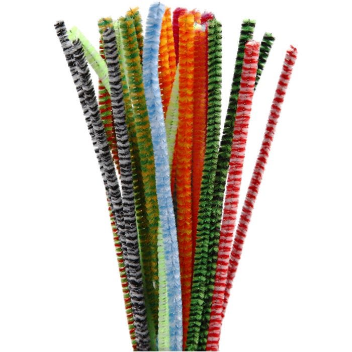 Chenilla, rayados, L. 30 cm, grosor 6 mm, surtido de colores, 30 stdas/ 1 paquete