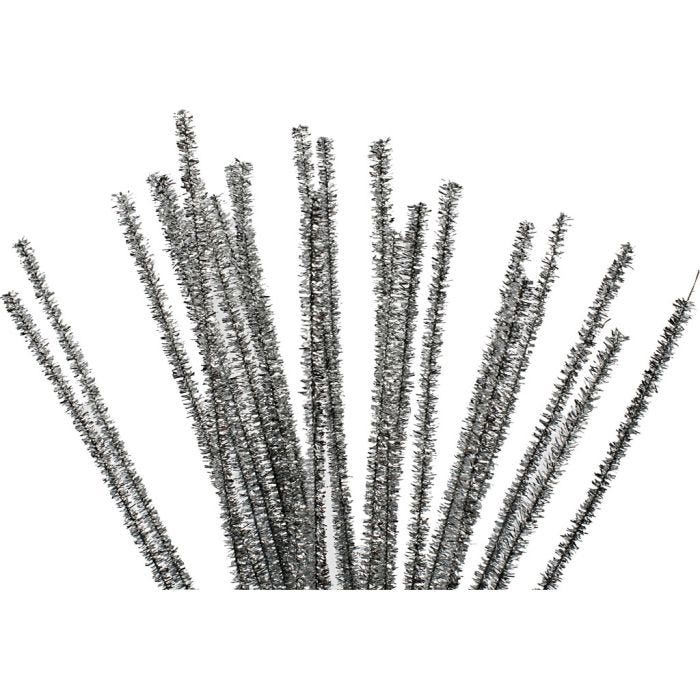 Chenilla, L. 30 cm, grosor 6 mm, purpurina, plata, 24 ud/ 1 paquete