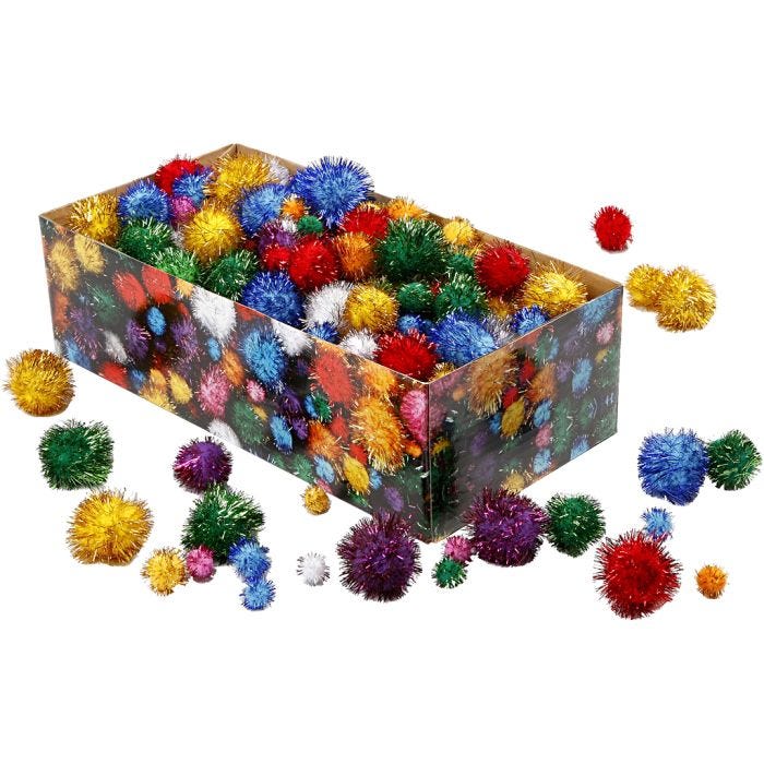 Pompones brillantes, dia 15-40 mm, purpurina, colores fuertes, 400 gr/ 1 paquete