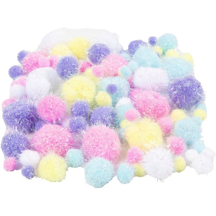 Pompones, dia 15-40 mm, purpurina, colores pastel, 62 gr/ 1 paquete