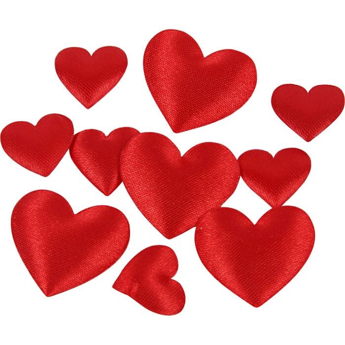 Corazón de satén, medidas 10+20 mm, grosor 1-2 mm, rojo, 70 ud/ 1 paquete