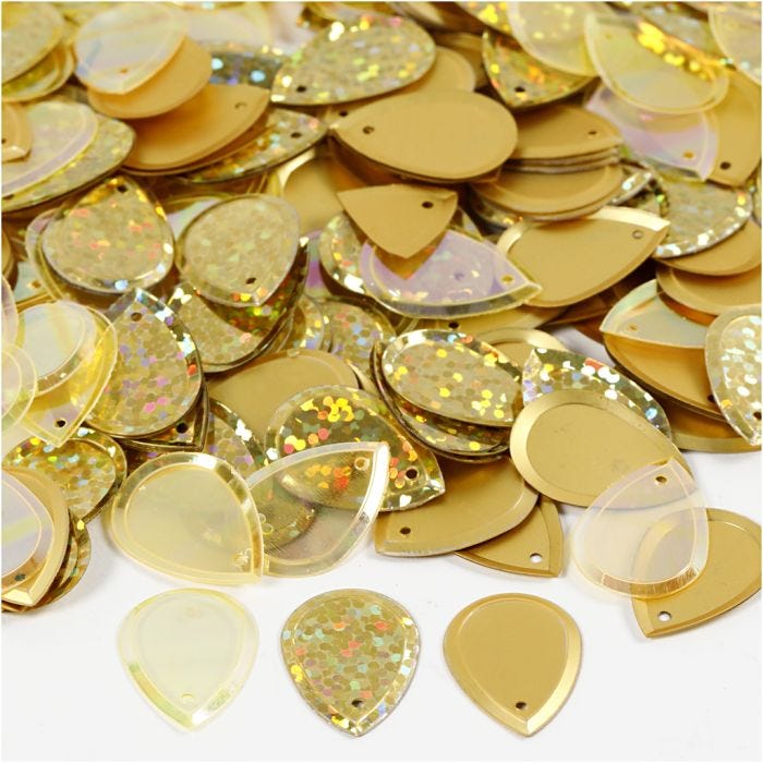Lentejuelas, Gota de agua, medidas 14x19 mm, dorado, 50 gr/ 1 paquete