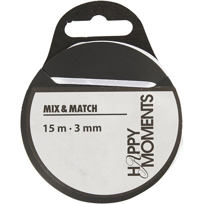Cinta de satén, A: 3 mm, blanco, 15 m/ 1 rollo