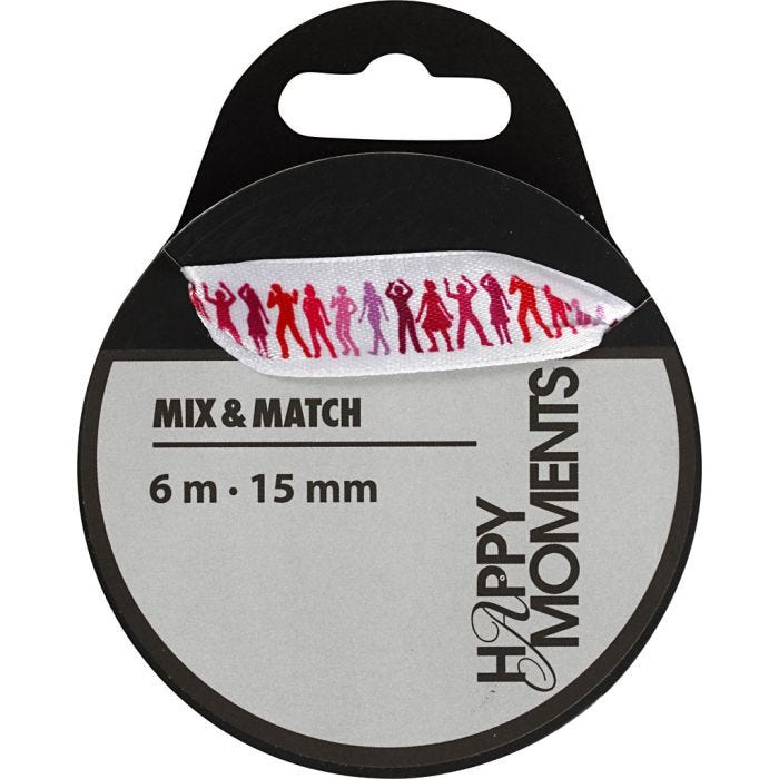 Cinta satinada con estampado, A: 15 mm, rojo claro, 6 m/ 1 rollo